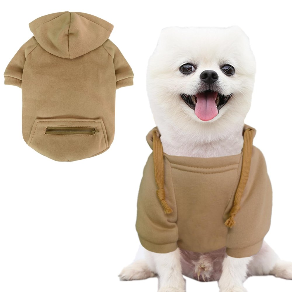 Jecikelon Small-Dog Cold-Weather Hoodie Coat with Pocket, Khaki, XX-Small