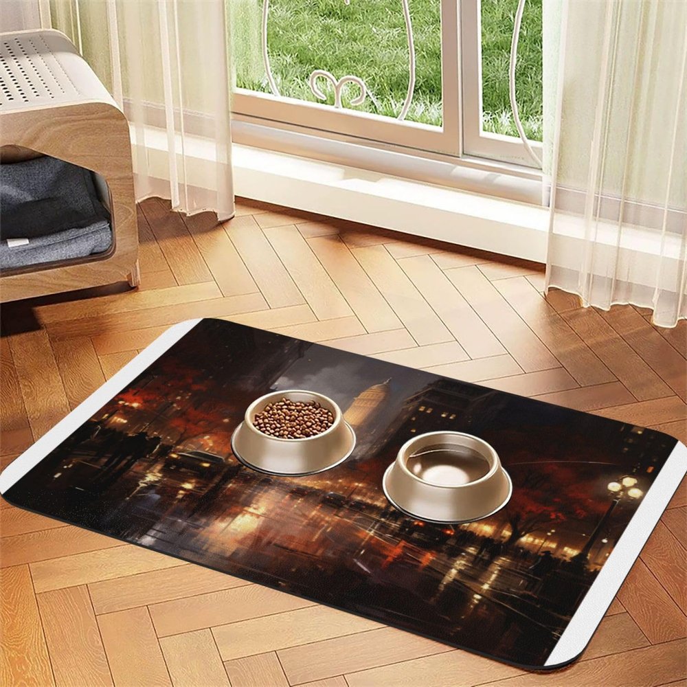 Streets in the Rain Waterproof, Non-Slip Pet Feeding Mat
