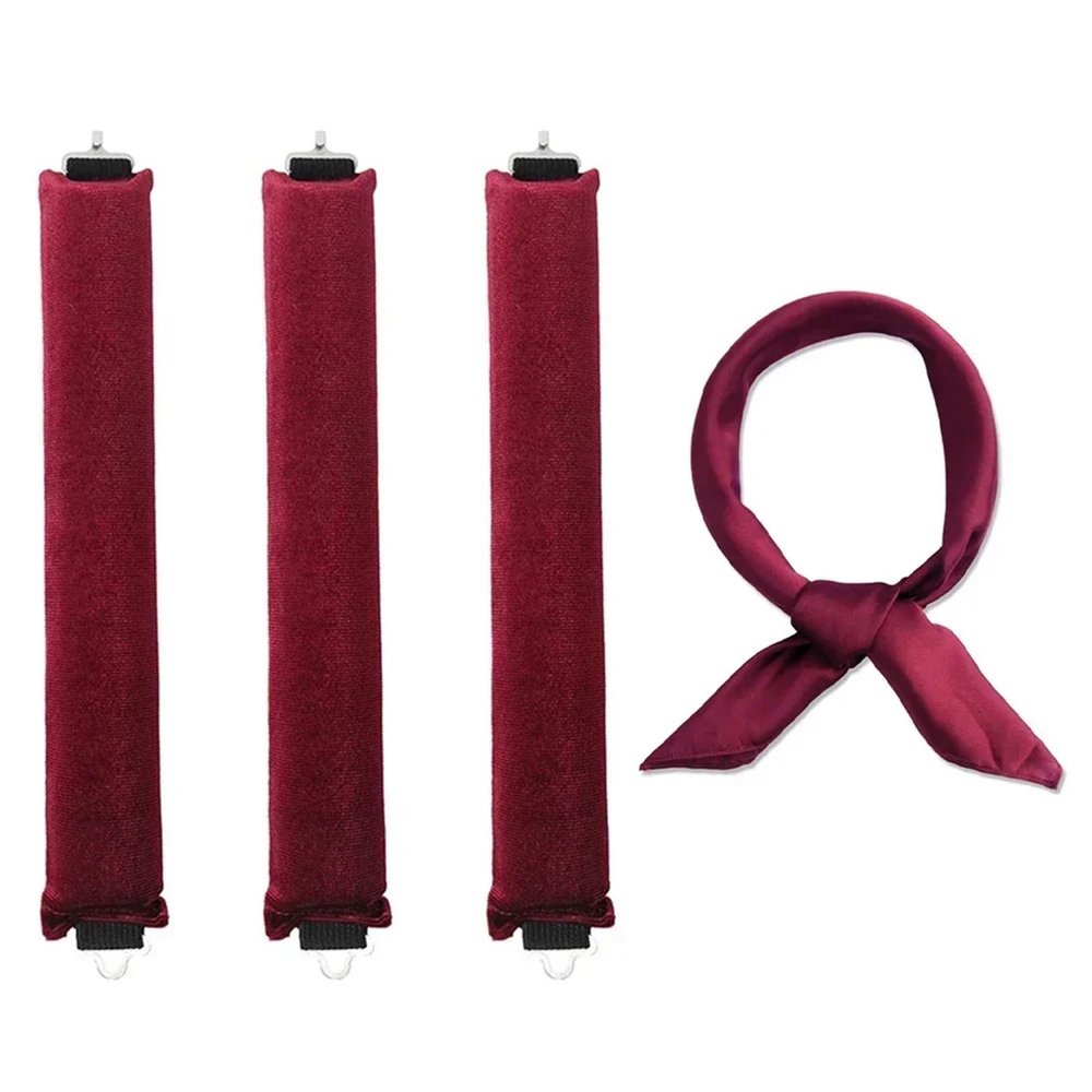 4-Piece Heatless Velvet Hair Curler Set for Overnight Blowout Styling (3 Wine with Scarf)