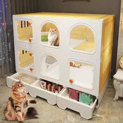 Indoor Cat Enclosure with Elevated Base, Storage Drawer and Litter Box