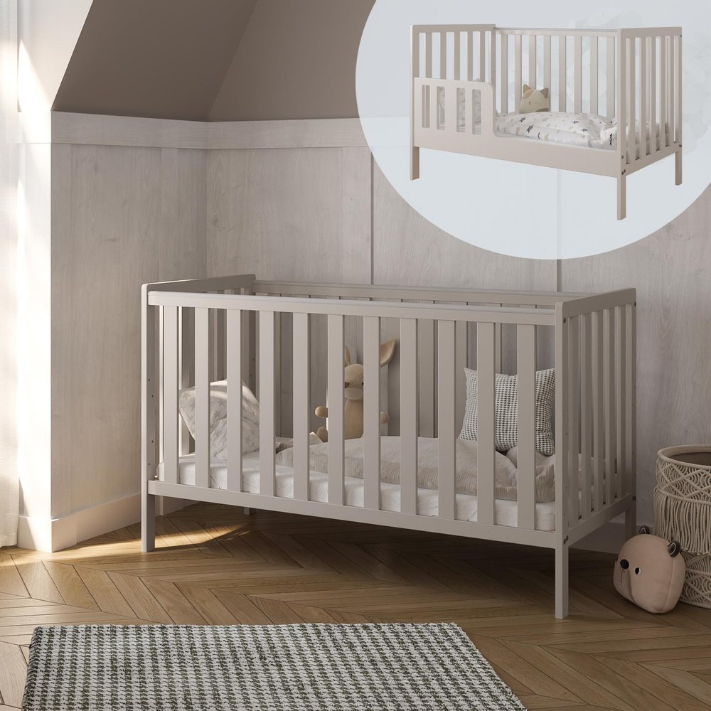 zee Bambi 2-in-1 Baby Crib, 3-Level Adjustable, 2 Removable Slats, with Guardrail, 60 x 120 x 86 cm, Cashmere