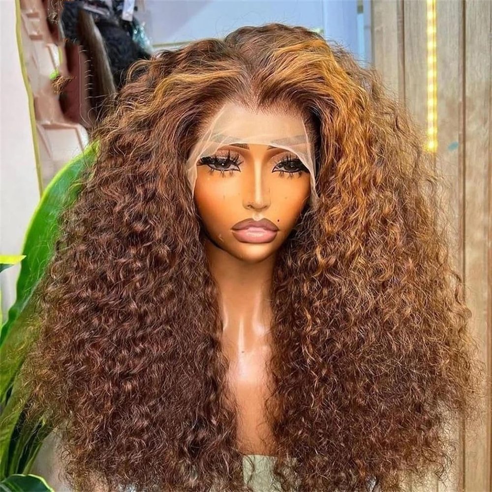 HYEFDWS Lace Water Deep Wave Frontal Wig, Highlight Honey Brown, Glueless Curly Human Hair, 13x6 Lace, 36 Inches, #150%