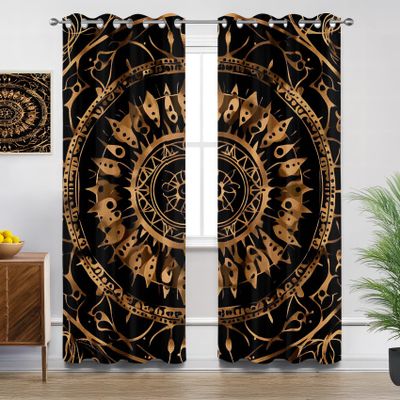 Mandala Blackout Curtains, Black and Gold, 2-Piece Set