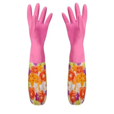 JCXIOC Floral Rubber Velvet Cleaning Gloves, Long, Non-Slip, Rose Red