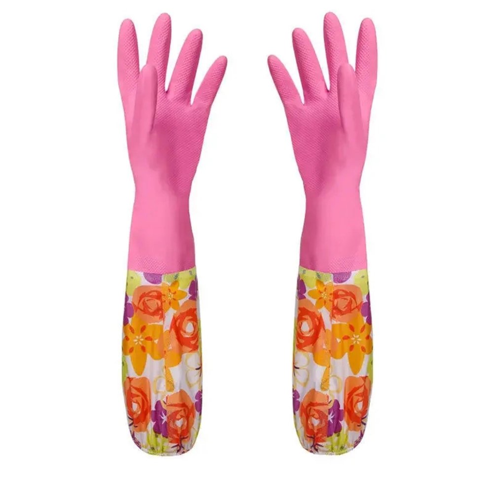 JCXIOC Floral Rubber Velvet Cleaning Gloves, Long, Non-Slip, Rose Red