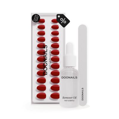 Doonails Press-Ons Starter Set – 7-Minute Manicure with Red, Rounded Press-Ons, File & Remover Oil