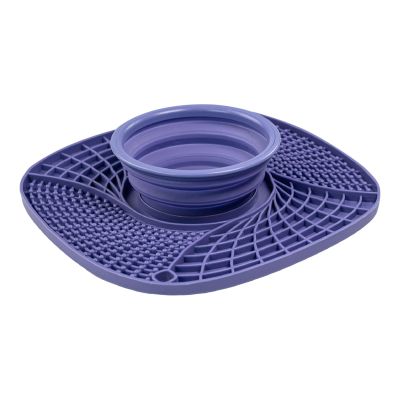 Wet Food Feeder for Cats, Slow-Feeding Mat for Dogs, Silicone Lick Mat with Suction Cups, Includes Collapsible Bowl, Purple, One Size