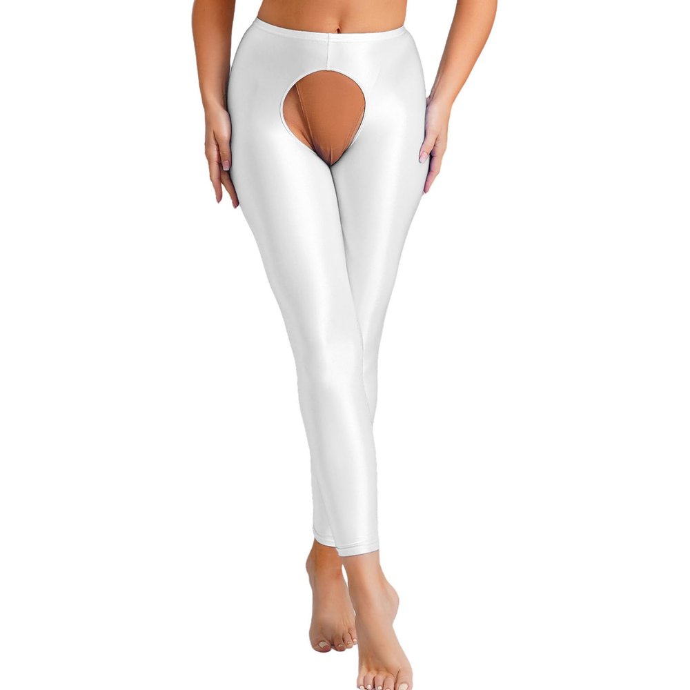 Agoky Women's Open-Crotch Stretch Pantyhose with Cutouts, White, L