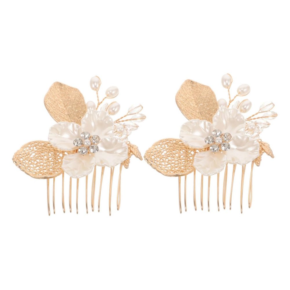 BESTYASH 2-Piece Bridal Hair Comb Set with Artificial Flowers and Gold Leaves