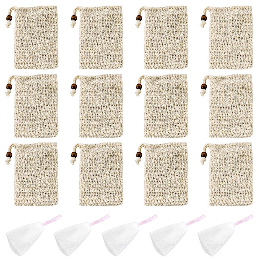 LTISHABILTD 12-Pack Cotton and Linen Soap Bags with Drawstring, 5 White Foaming Nets