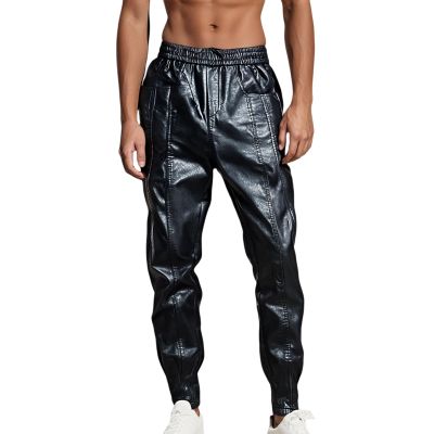 YOSUWOAI Men's Wet-Look Faux-Leather Stretch Slim-Fit Pants