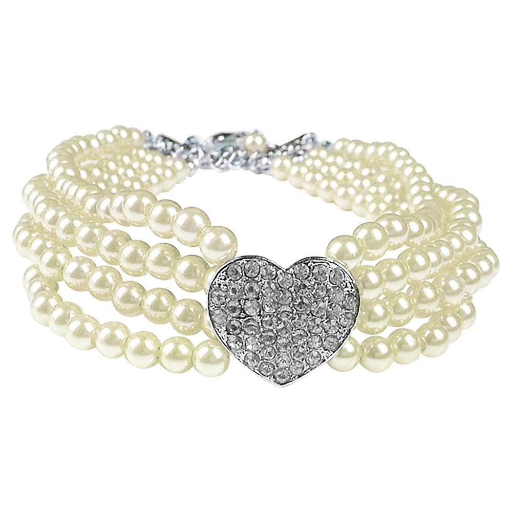 Dog Collar with Pearls and Diamonds (White, S)