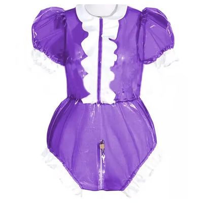 YGZHANYUANOKU Lockable Sissy Puff-Sleeve Bodysuit, PVC, Purple, Size M
