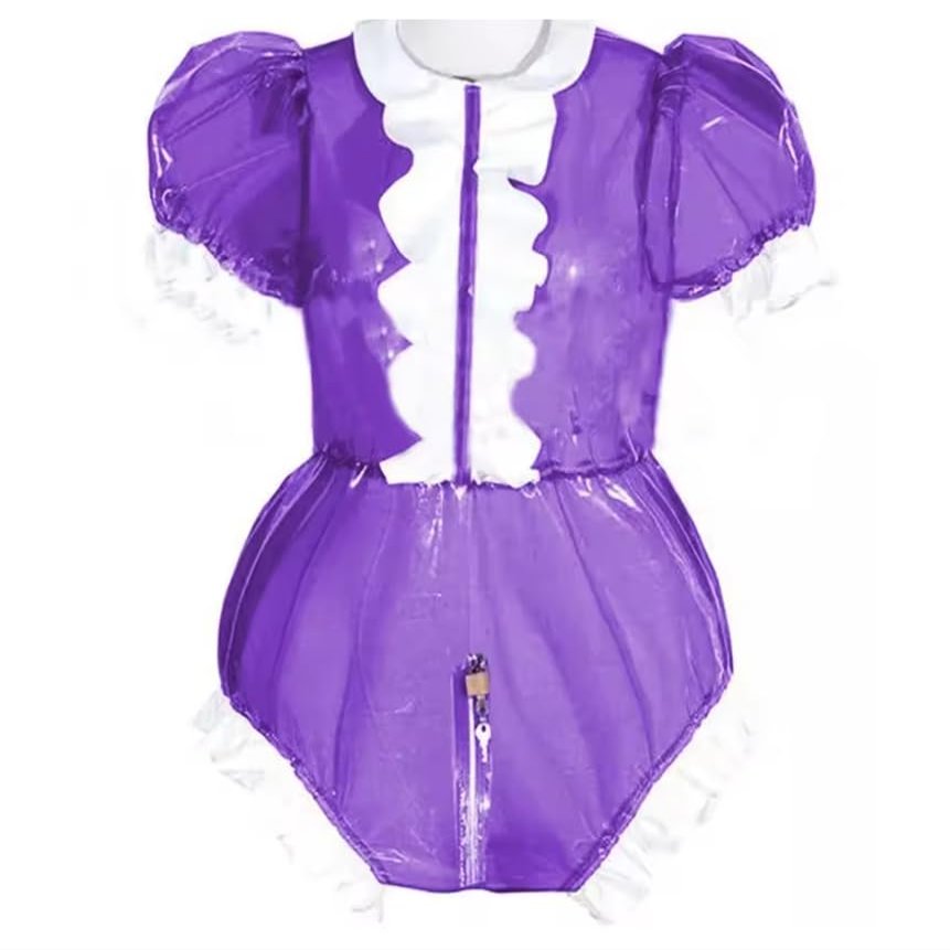 YGZHANYUANOKU Lockable Sissy Puff-Sleeve Bodysuit, PVC, Purple, Size M