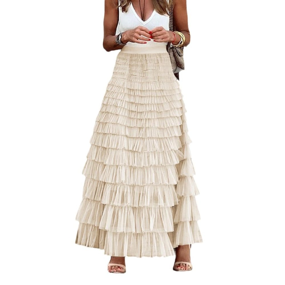 OZLMBERN French Long Skirt, Solid Color, High-Waisted, Fluffy Half Skirt