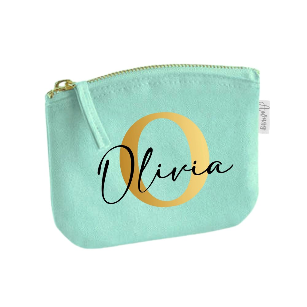 Personalized Makeup Bag for Girls with Name & Initial, Mint, S (14 x 11 cm)
