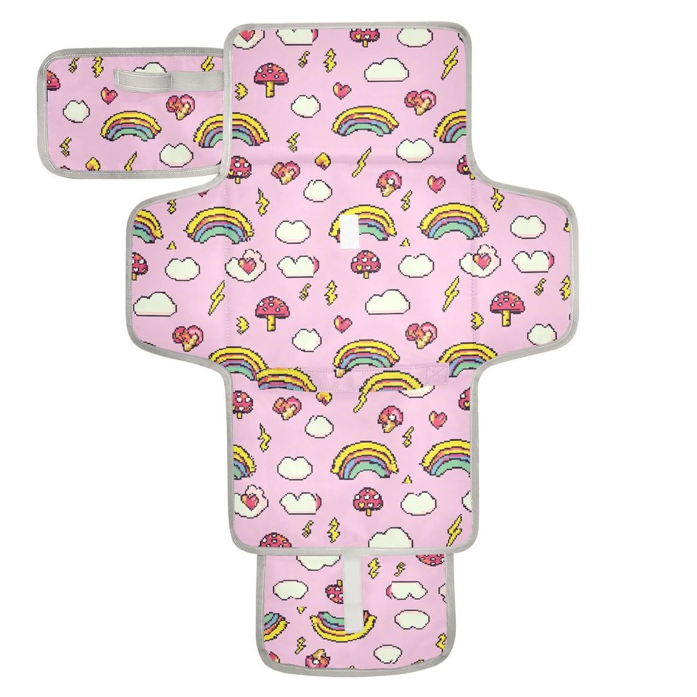 Reusable Toddler Changing Pad with Pocket Pouch, Lightweight Folding Changing Station, Pixel, Wind, Rainbow Mushroom
