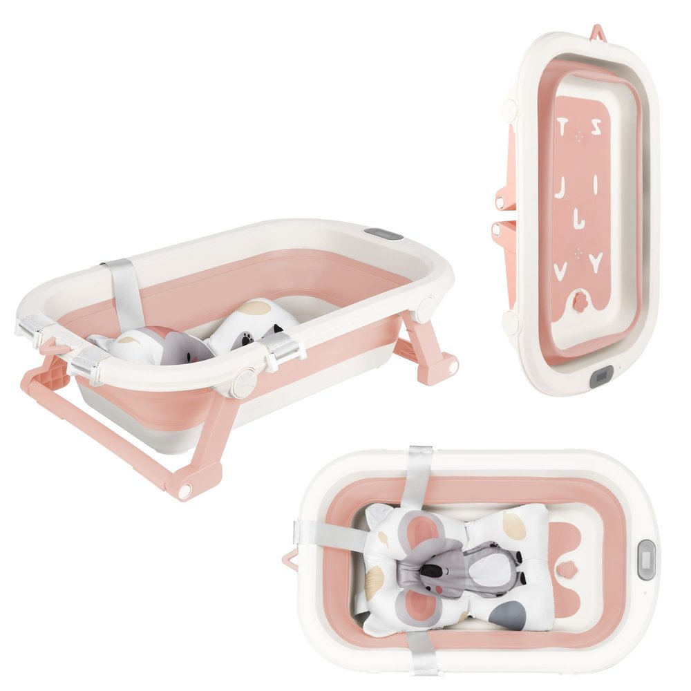 Foldable Freestanding Baby Bathtub with Drain Plug, Water Thermometer and Bath Cushion, Pink, 83 x 47 x 28 cm