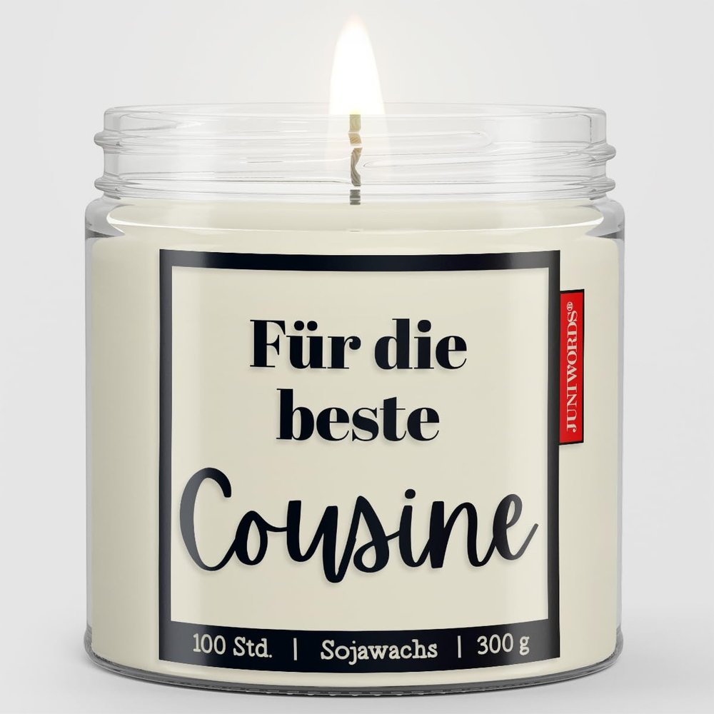 JUNIWORDS Candle for the Best Cousin, 300 g Soy Wax, Approx. 100-Hour Burn Time, Unscented