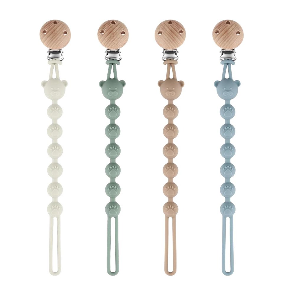 4-Pack Silicone Pacifier Clips for Boys and Girls, Blue, Green, White & Khaki