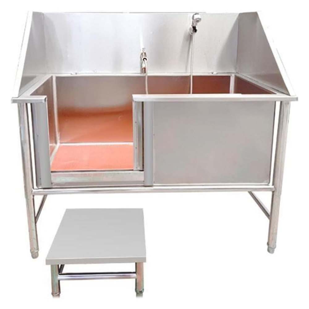 Professional Stainless Steel Dog Grooming Tub, 53-Inch, with Left Door and Multifunctional Stool