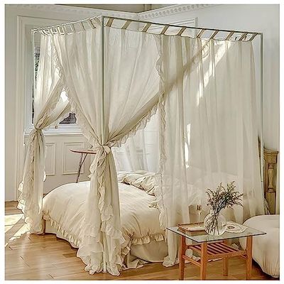 Bed Canopy Mosquito Net with Curtains, 4-Corner Frame, White, Queen