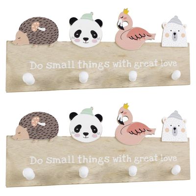 Children’s Wooden Coat Racks, Set of 2, Animal Designs, 4 Hooks Each, Multicolored