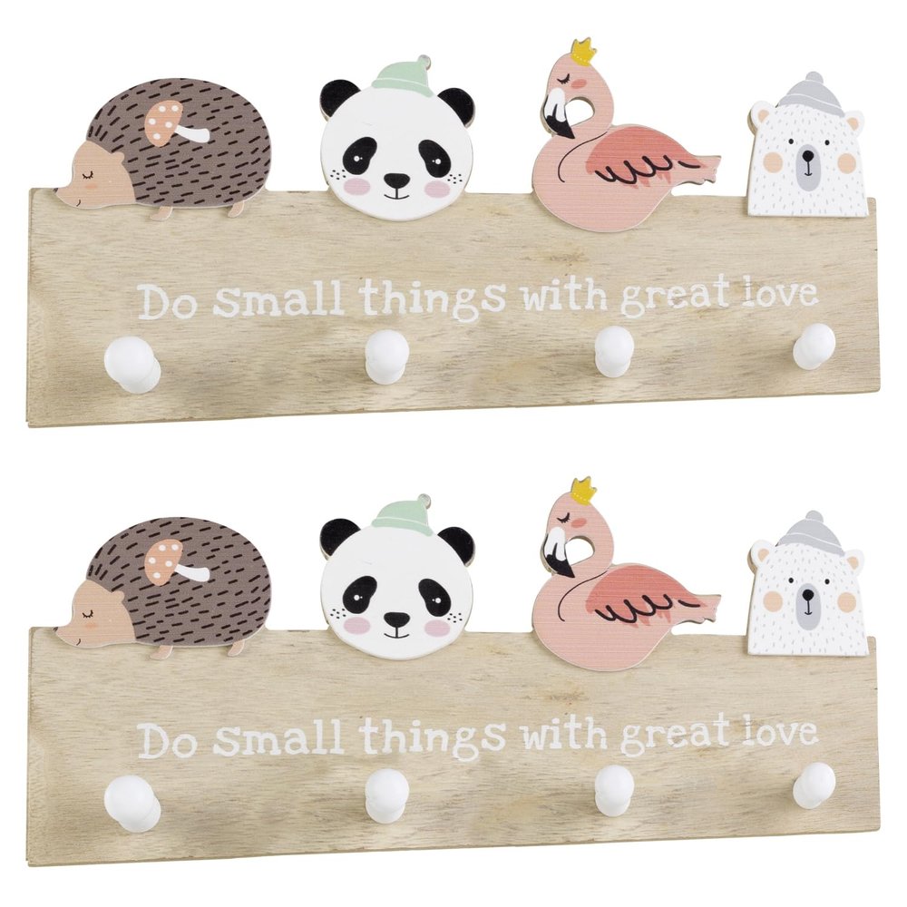 Children’s Wooden Coat Racks, Set of 2, Animal Designs, 4 Hooks Each, Multicolored