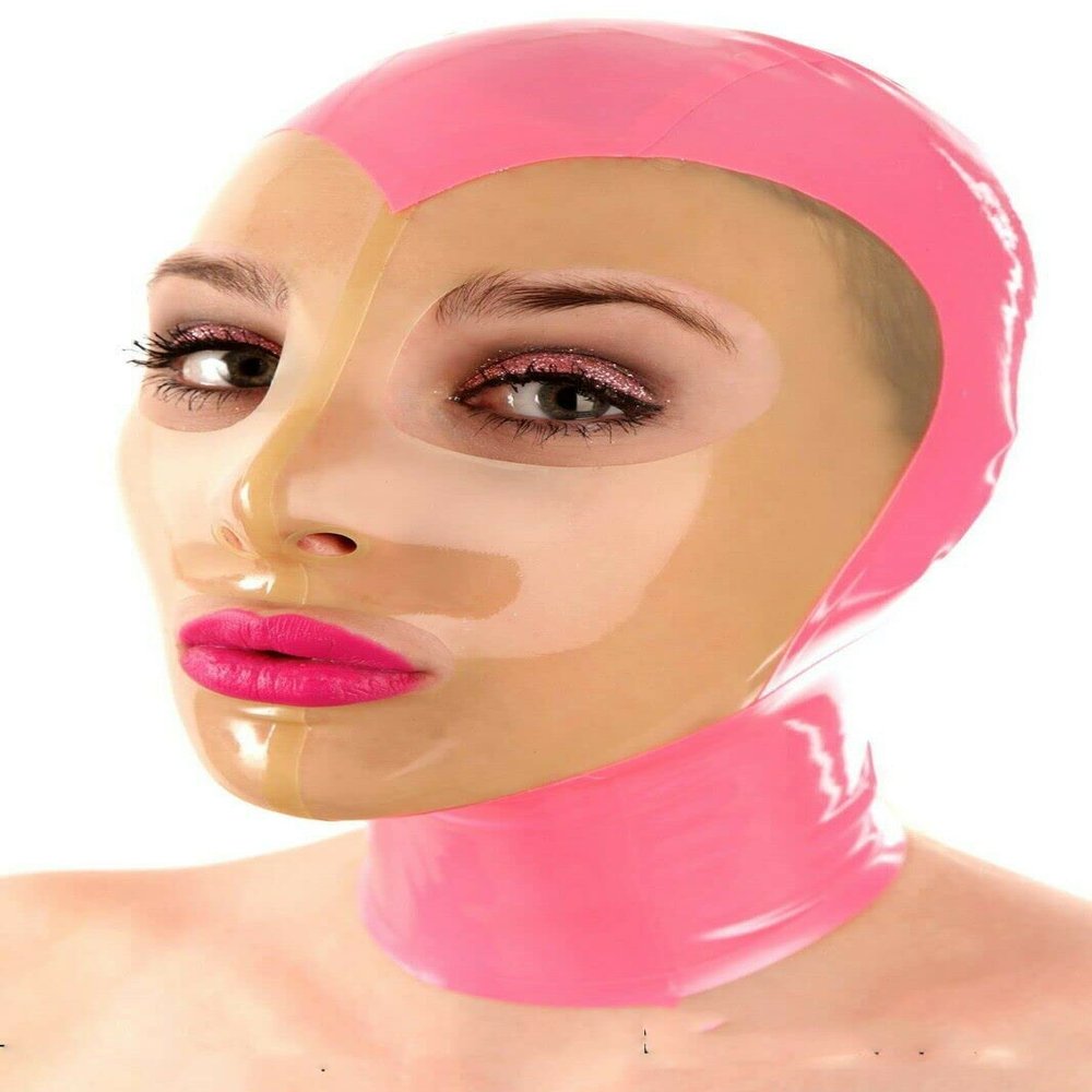 VIYOLI Latex Mask, Sexy Cosplay Eye Mask, Latex Head Covering, Pink and Transparent, XS
