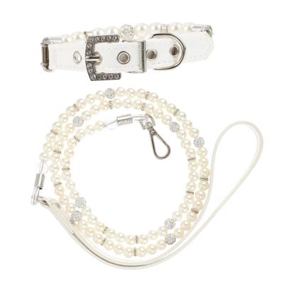 Toyvian 2-Piece White PU Leather Dog Collar and Leash Set with Beads