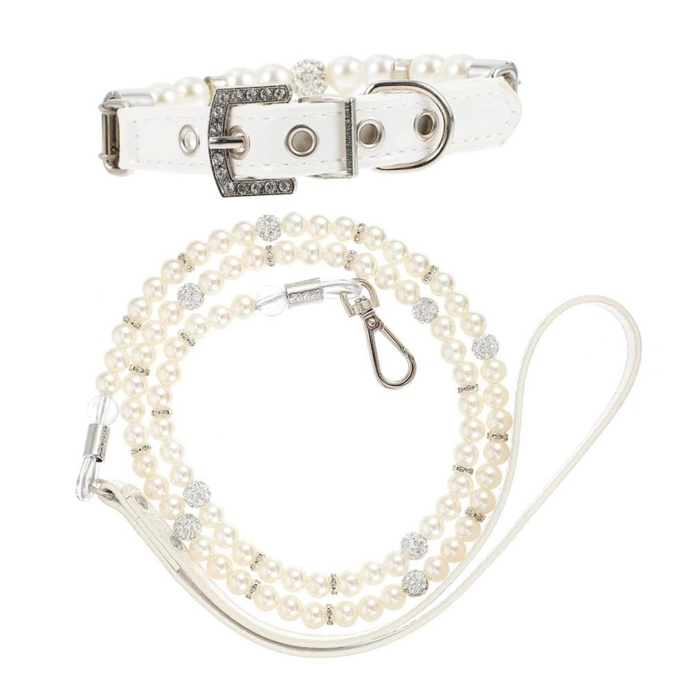 Toyvian 2-Piece White PU Leather Dog Collar and Leash Set with Beads