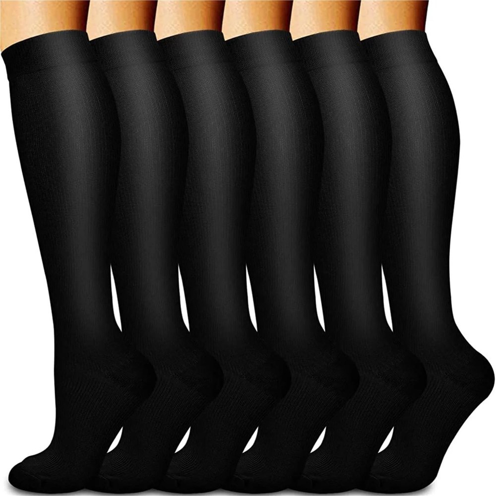 TXLEAPEY 6 Pairs Black Compression Socks for Women and Men, Anti-Fatigue, Pain Relief, Graduated Compression, 15–20 mmHg, Sports Socks (6 Pairs—Black, EU 39–46)