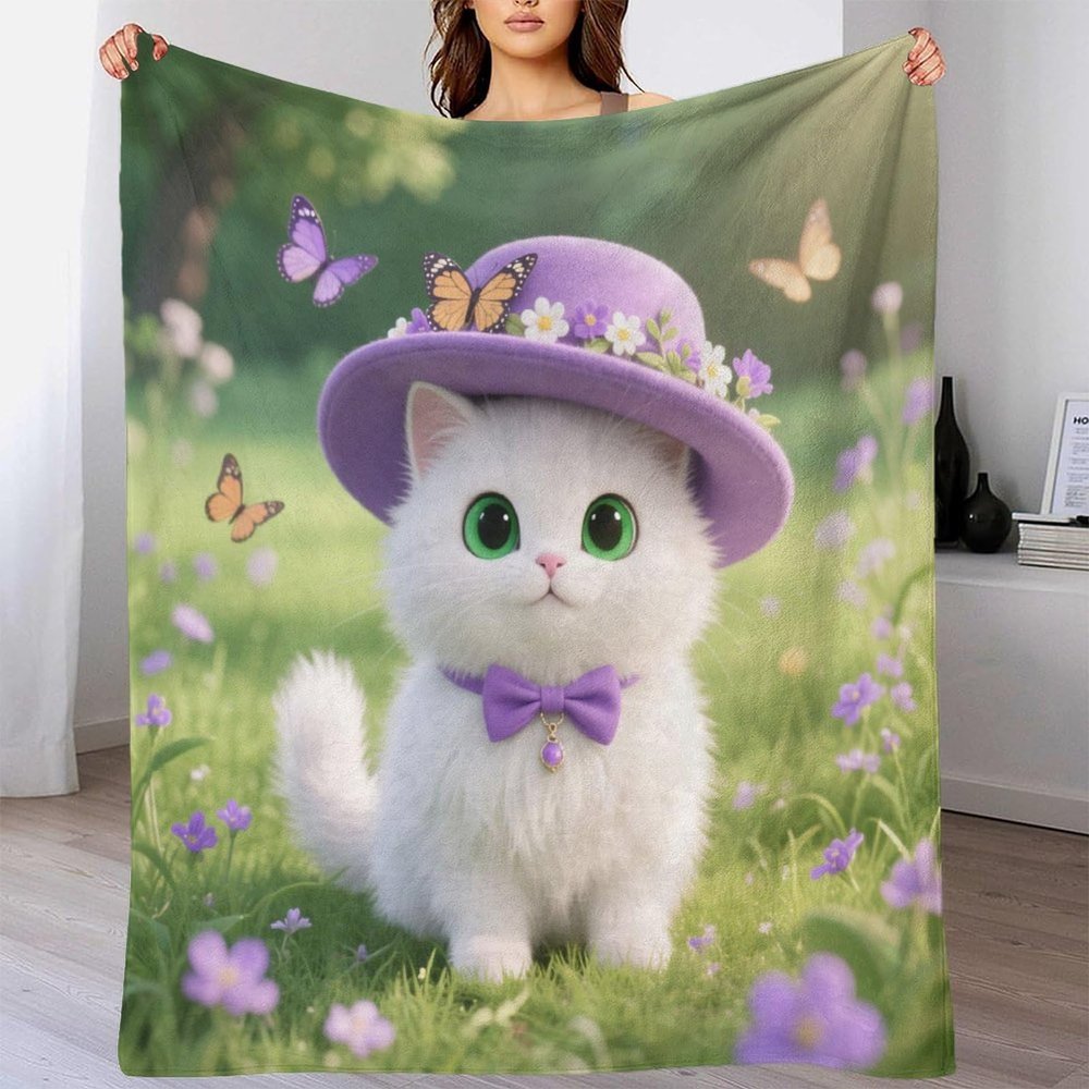 3D-Printed Kitten Blanket, Reversible Sherpa Fleece and Flannel, Soft and Warm, for Home and Travel, 100 x 130 cm