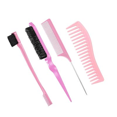WENH Hair Styling Comb Set, Teasing and Edge Brushes, Rat-Tail Comb, Pink, 4 Pieces