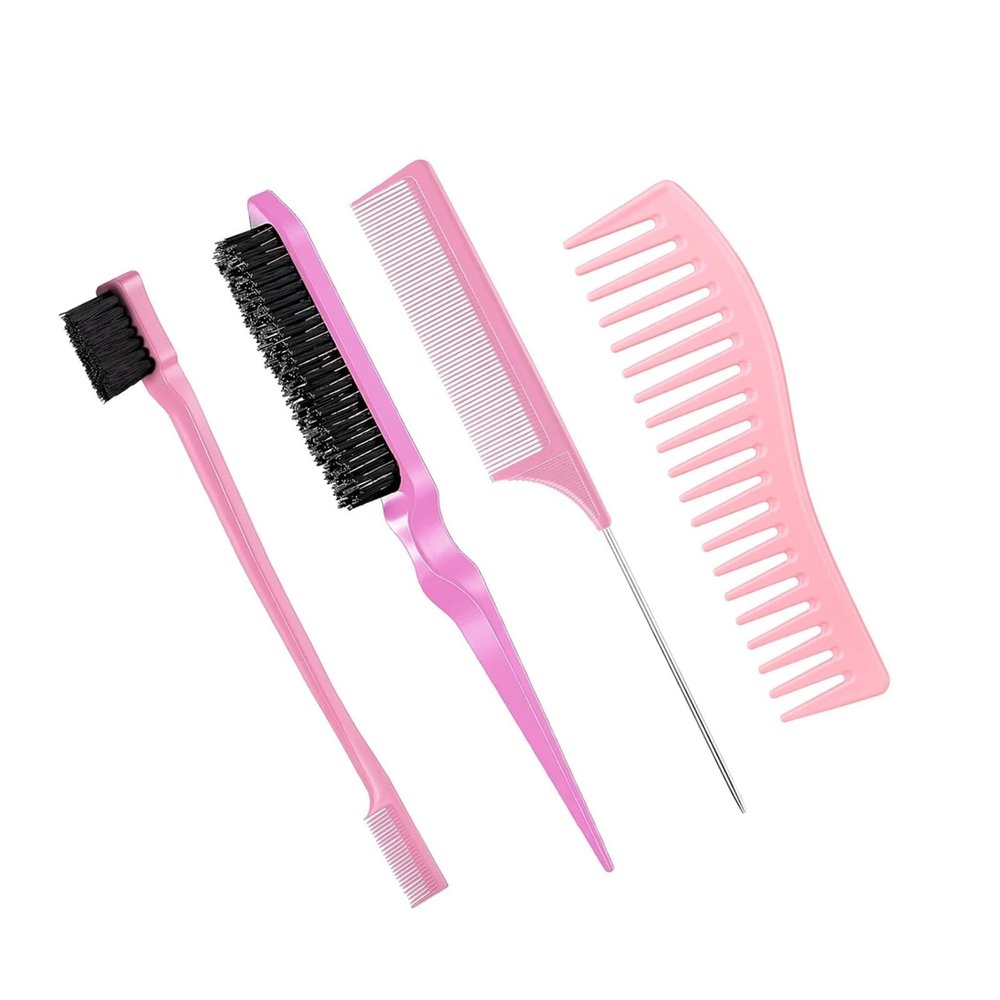 WENH Hair Styling Comb Set, Teasing and Edge Brushes, Rat-Tail Comb, Pink, 4 Pieces