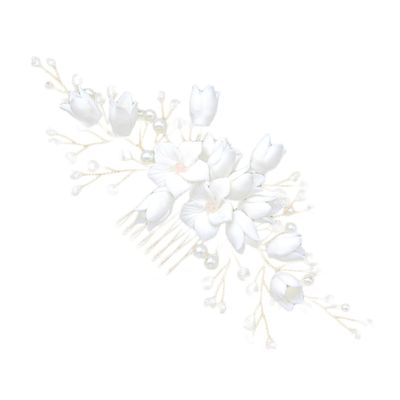 Bridal Hair Comb with White Flower, Pearls and Crystal Beads