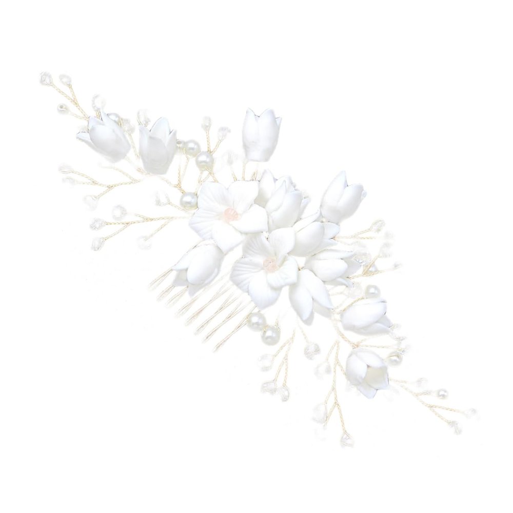 Bridal Hair Comb with White Flower, Pearls and Crystal Beads