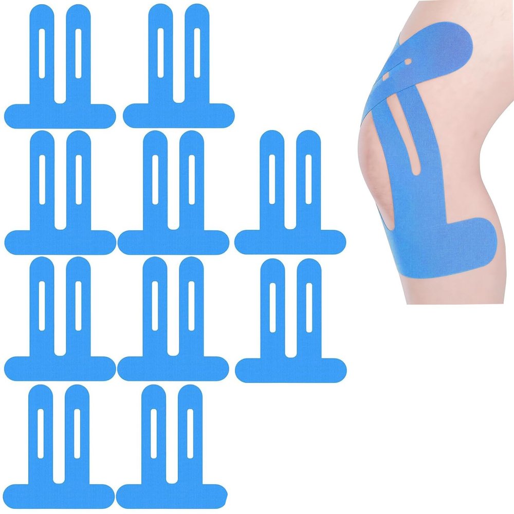 Junjie 10-Pack Pre-Cut Kinesiology Knee Tape, New Larger and Wider Model, Self-Adhesive, Blue
