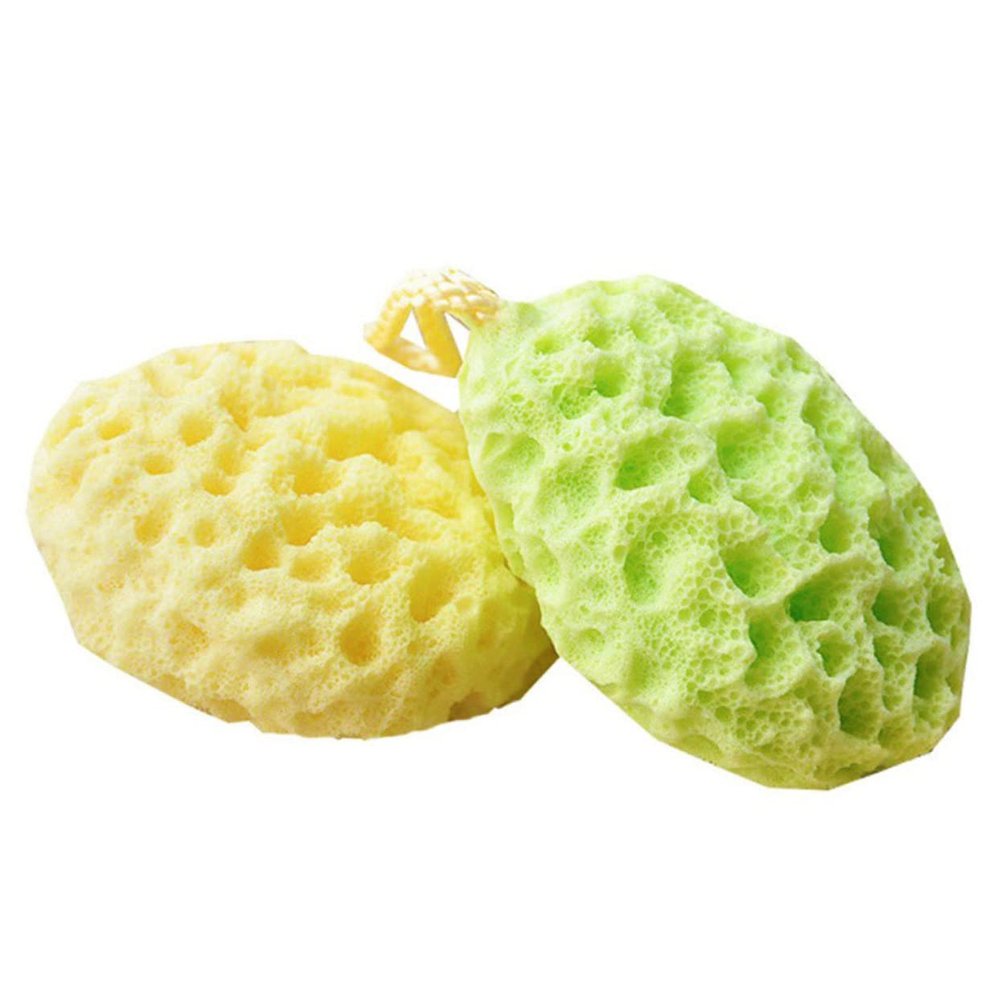 3 Shower Sponges, Seagrass and Cotton, with Hanging Cord, Yellow/Green