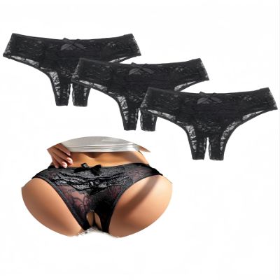 comeondear Sexy Open-Crotch Lace Thongs for Women, 3-Pack, Black, S