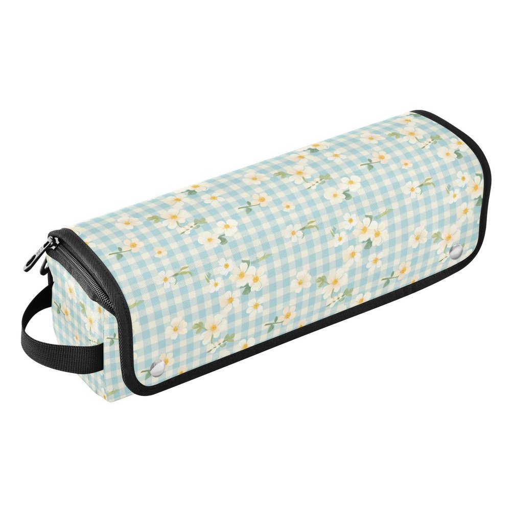 Light Blue Floral Gingham 2-in-1 Curling Iron Travel Case with Heat-Resistant Mat