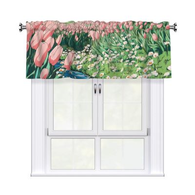 Helhappy Short Window Curtain Valance, Pink Tulips and Daisies Cartoon Style, 3-Inch Rod Pocket, 54 x 18 Inches, 1 Curtain