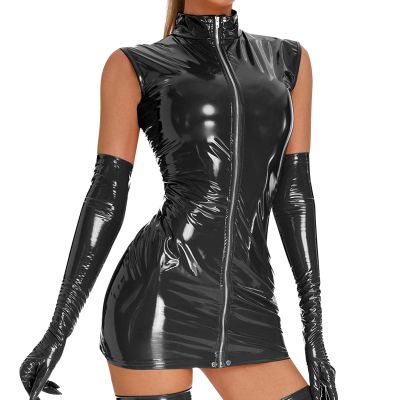 Generic Sexy Women's Lingerie Dress, Sleeveless Fitted PU Dress with Front Zipper, Black XL