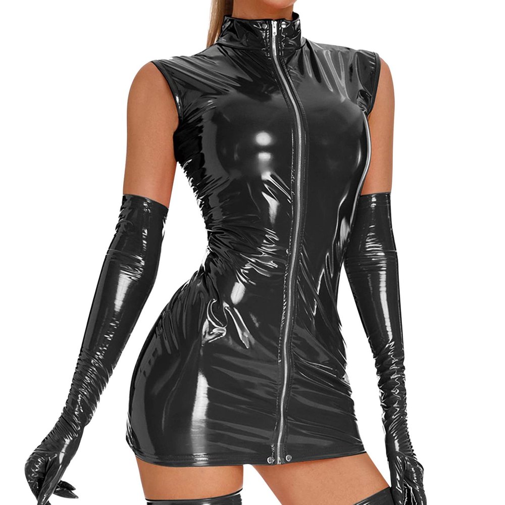 Generic Sexy Women's Lingerie Dress, Sleeveless Fitted PU Dress with Front Zipper, Black XL
