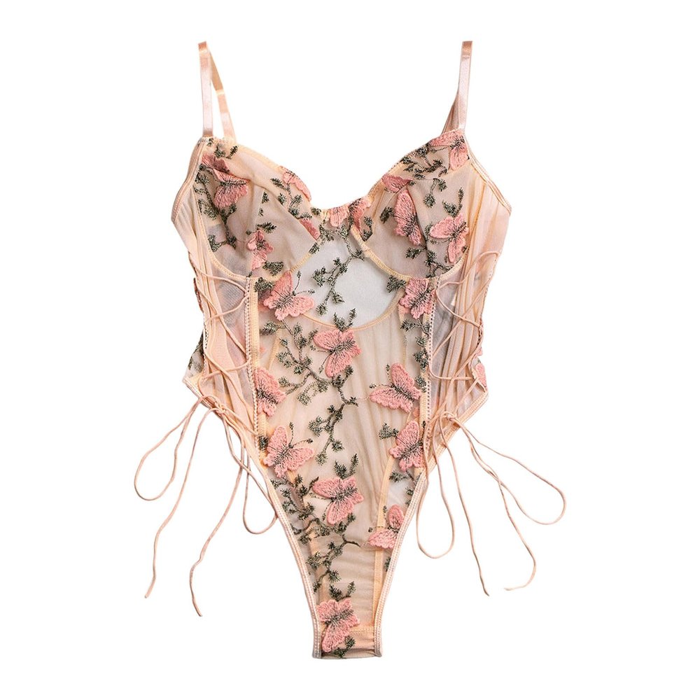 Women's Sexy Sheer Mesh Butterfly-Print Bandage Lingerie Set (M)
