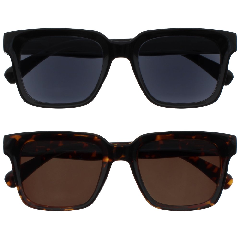 OPULIZE ERA Reading Sunglasses for Women and Men, Black/Brown Lenses, 2-Pack, +1.00