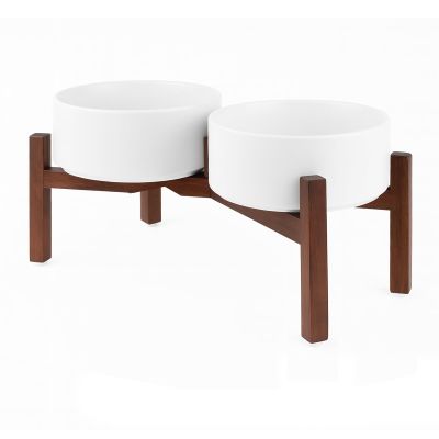 SPUNKYJUNKY Elevated Ceramic Double Dog Bowl with Acacia Wood Stand, 1,250 ml, White