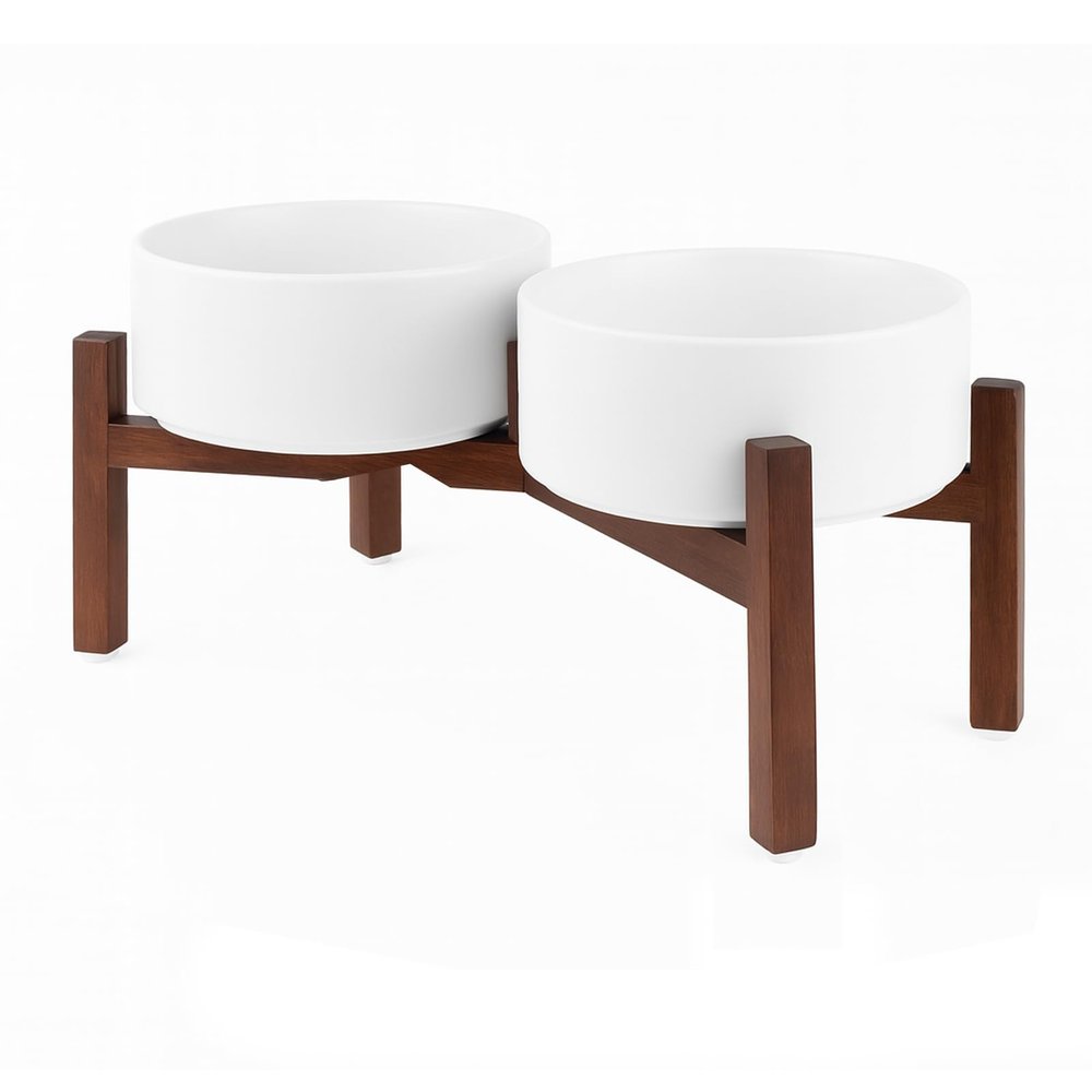 SPUNKYJUNKY Elevated Ceramic Double Dog Bowl with Acacia Wood Stand, 1,250 ml, White