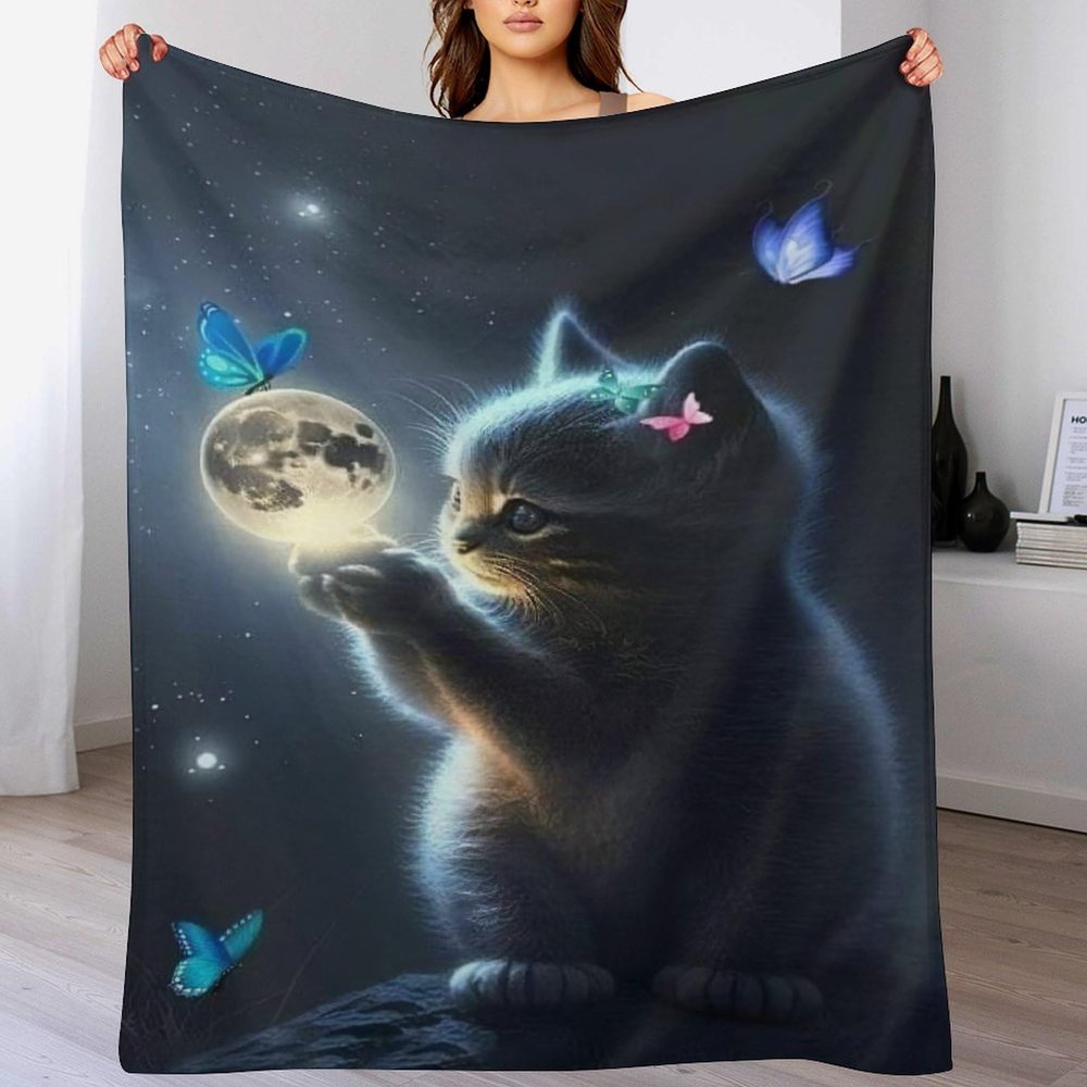 LTTTT Soft Flannel Cat Throw Blanket with 3D Pattern, All-Season Bed or Couch Blanket, 130 x 180 cm