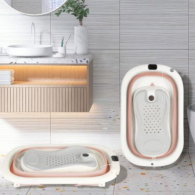 Foldable Baby Bathtub with Temperature Display, for Newborns to Toddlers, with Bath Support, 43 x 71 x 18.5 cm, Pink